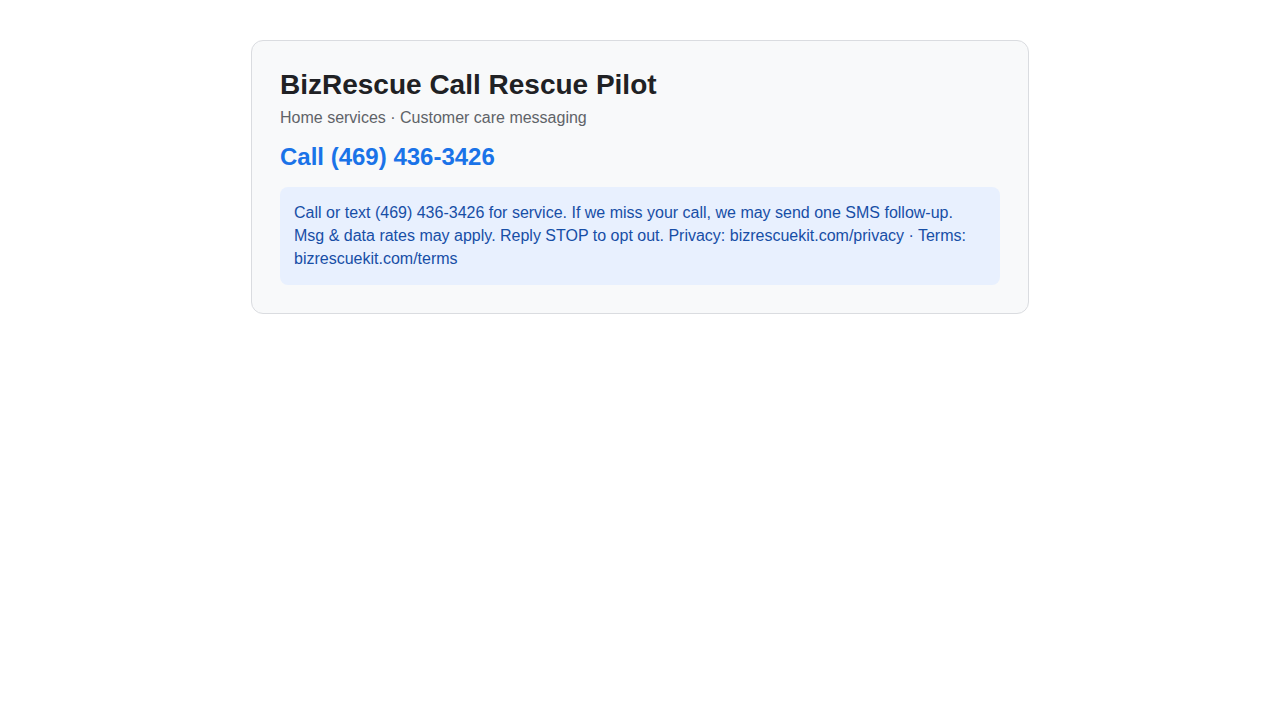 Screenshot of published phone Call to Action showing (469) 436-3426 with SMS disclosure