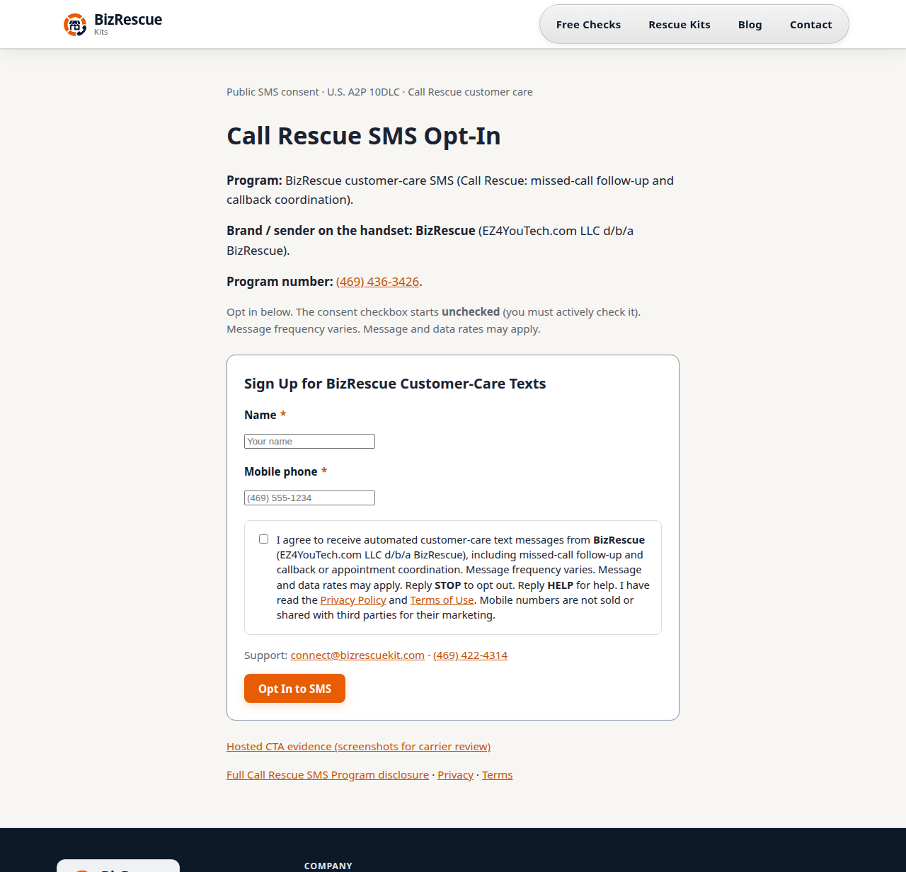 Screenshot of BizRescue Call Rescue SMS opt-in form with unchecked consent checkbox, phone field, Privacy and Terms links, STOP and HELP disclosures